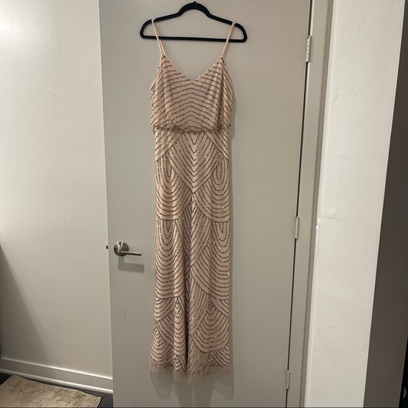 Adrianna Papell Art Deco Beaded Blouson Gown in Taupe Pink - Picture 3 of 4